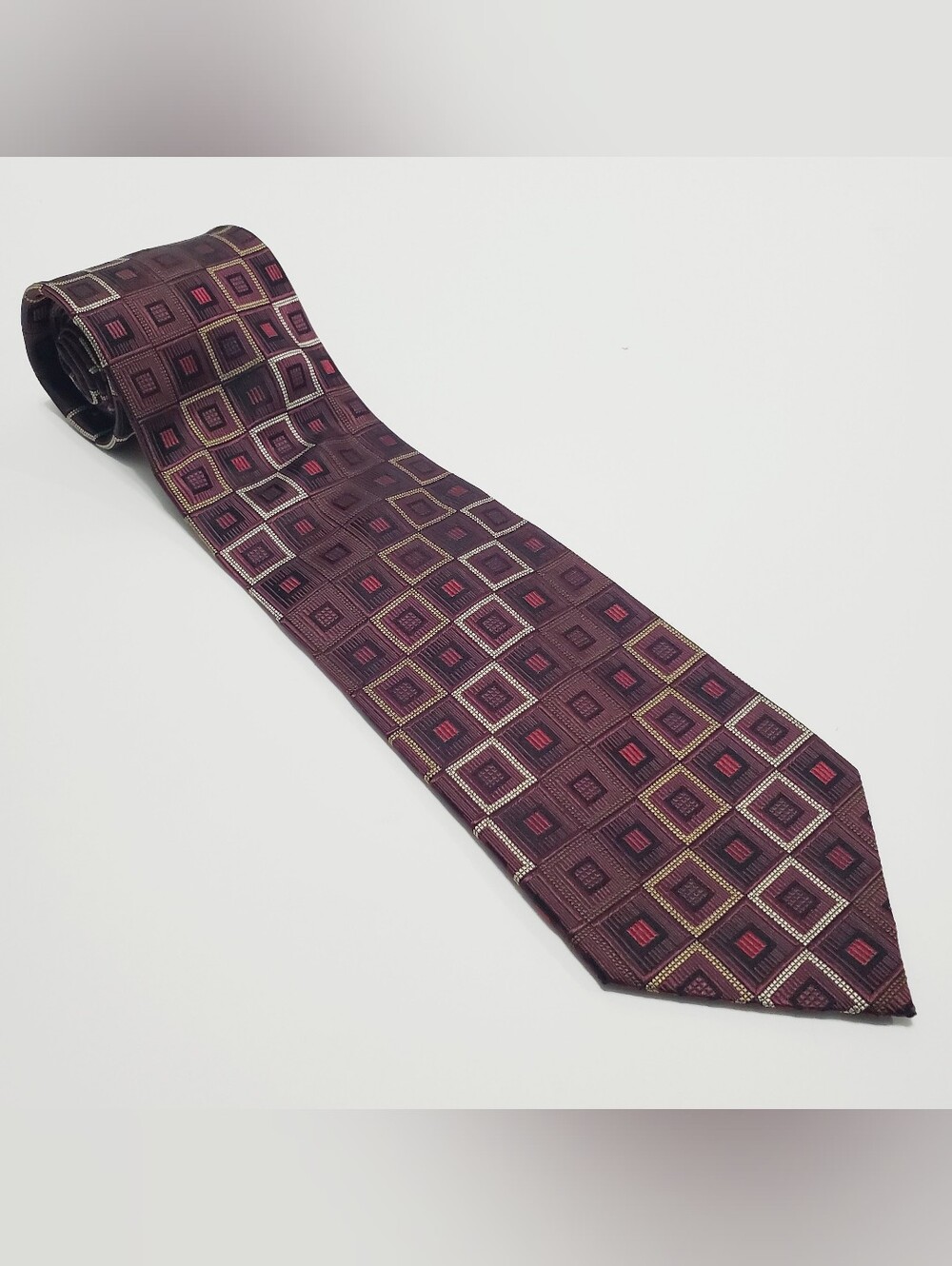 Ashton Rhodes Men's Silk Neck Tie Burgundy Geometric Stripe Pattern Jacquard